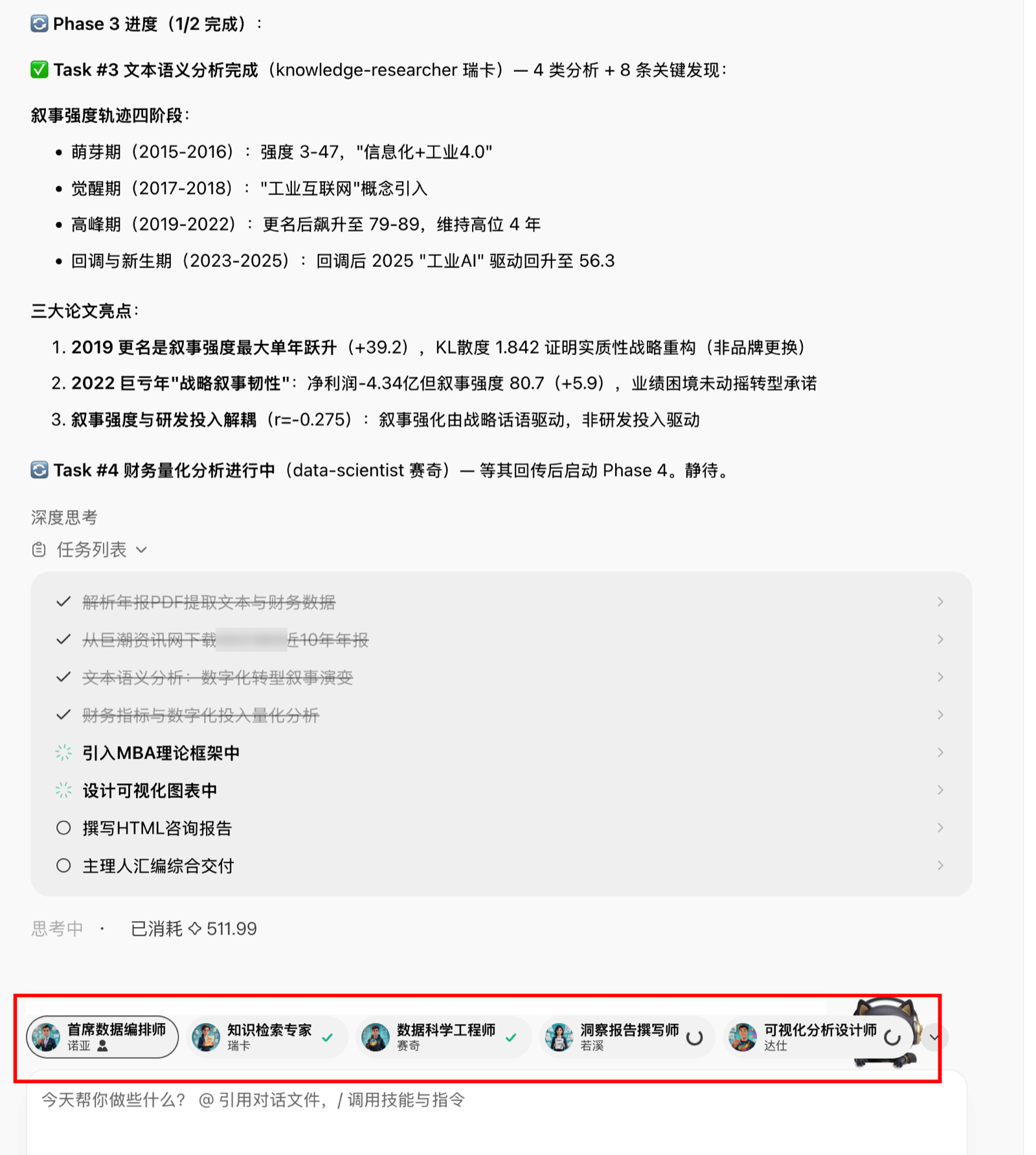 专家团成员分工执行,实时汇报各阶段关键发现